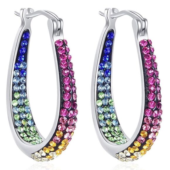 14K White Gold with Multicolored Crystal U Shape French Lock Hoop Drop Earrings - Picture 1 of 5